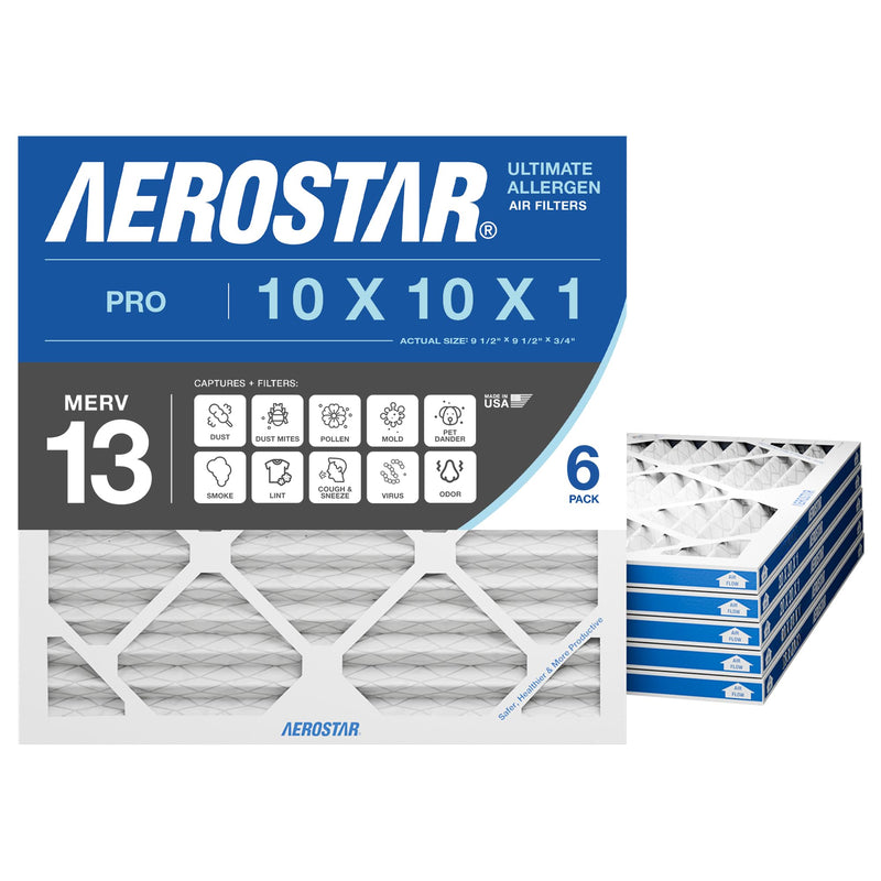 Aerostar 10x10x1 MERV 13 Air Filter, Pleated AC Furnace HVAC Filters (9.5x9.5x0.75), for Allergies Asthma Dust Pet Dander Pollen Smoke Bacteria, MPR 1200 FPR 7, USA, 6 Pack Pro