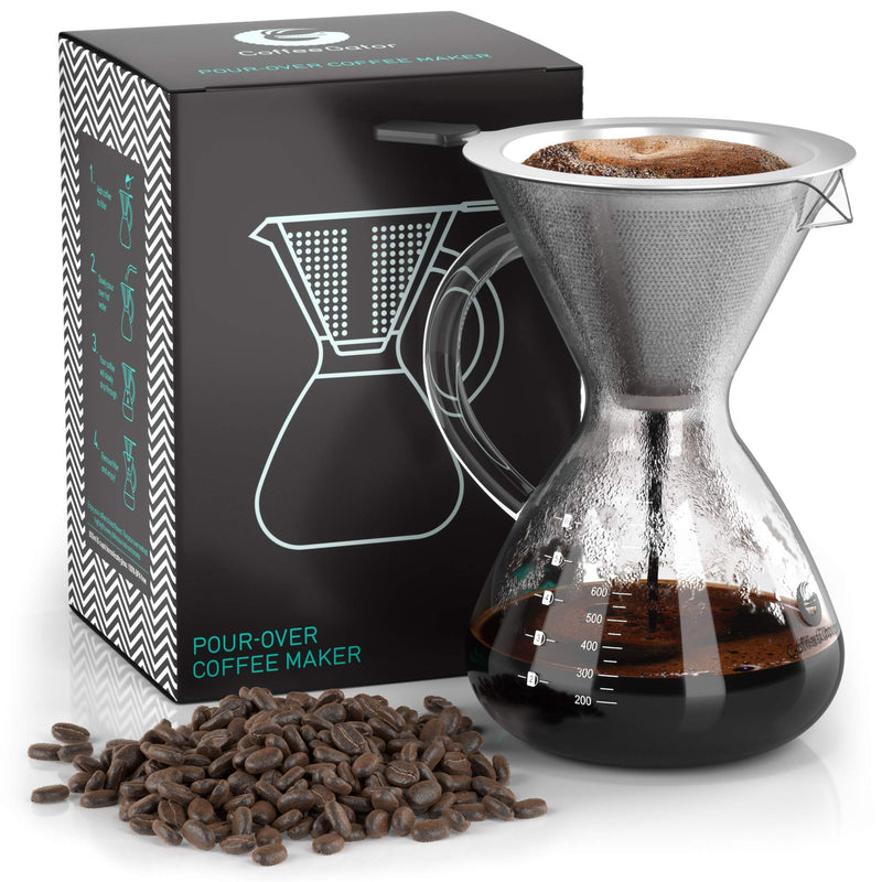 Coffee Gator Pour Over Coffee Maker - 27oz High Heat Borosilicate Glass with Reusable Stainless Steel Filter, Drip Coffee Brewer Dripper Set Carafe, 800ml Clear 27 oz
