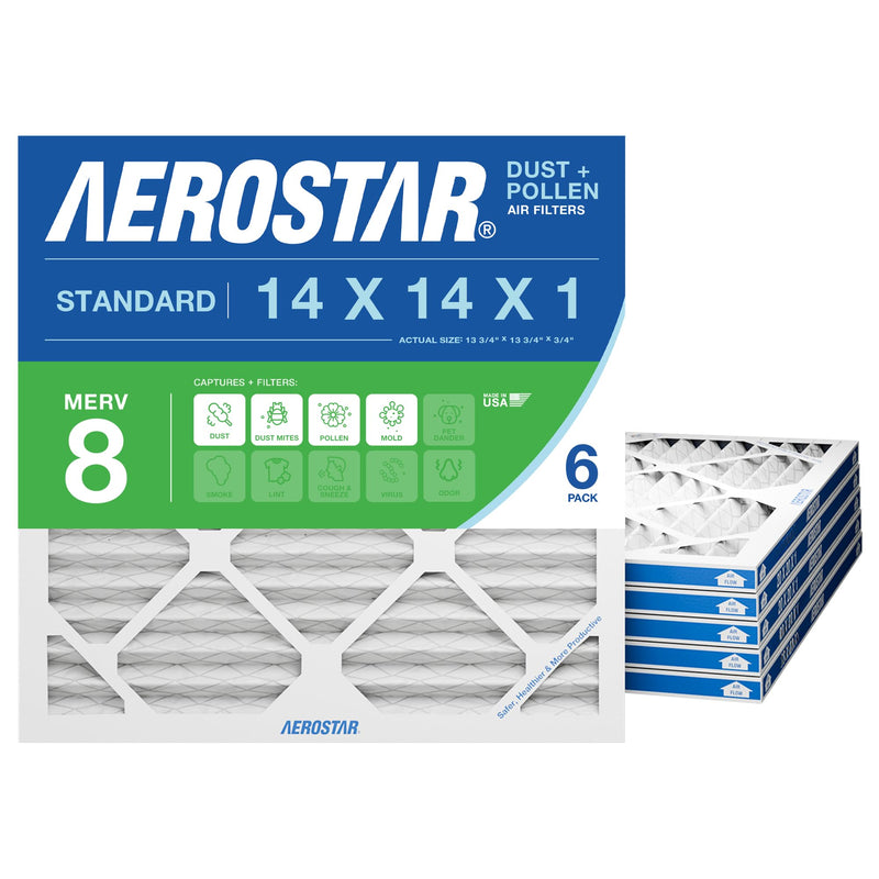 Aerostar 14x14x1 MERV 8 Air Filter, 6 Count, ACTUAL SIZE (13.75 x 13.75 x 0.75), HVAC, Air Conditioning & Furnace Filter Captures Dust, Lint & Pollen (MPR 600 / FPR 5), Made in USA 6 PACK Standard MERV 8