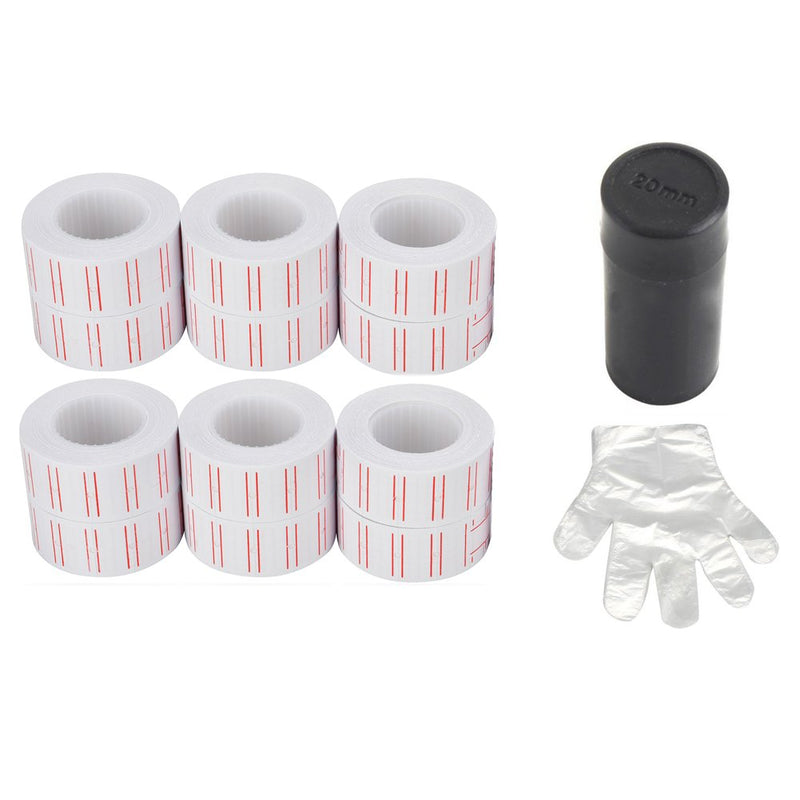 MFLABEL 12 Rolls 7200 White Price Gun Labels for Mx-5500 - with Double Red Line Visibility, Refill Ink Roll & Disposable Gloves for Easy Loading