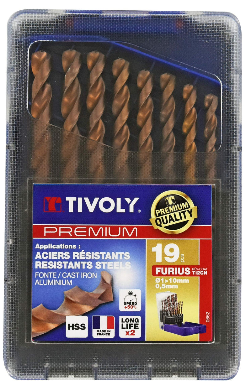 TIVOLY - Set of 19 High-Performance FURIUS Metal Drill Bits HSS Ø1 to 10mm in 0.5mm Increments - Fast Drilling in Resistant Steel and Cast Iron - Universal Cylindrical Shank for Drills 19pcs