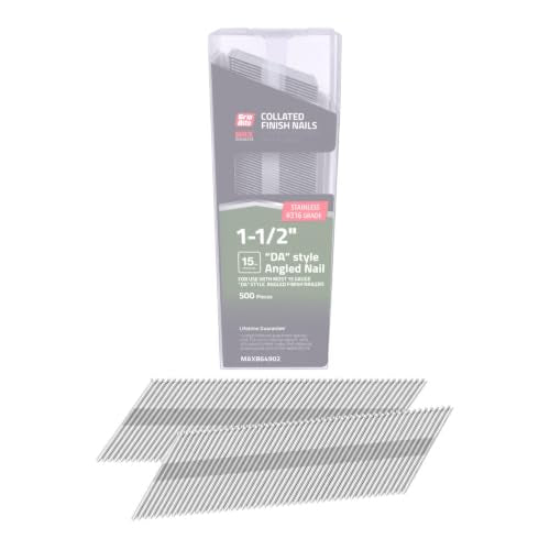 Grip Rite Prime Guard MAXB64902 1-1/2-inch 316 Stainless Steel 15 Gauge "DA"-style Angled Finish Nail, 500 per Belt Clip