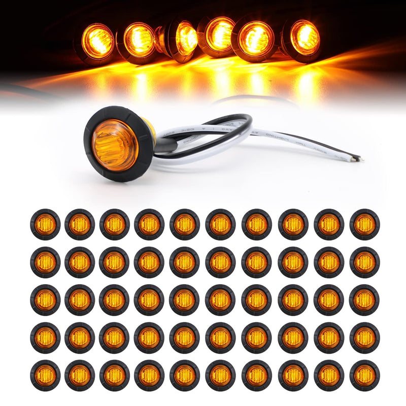TMH 50 pcs 3/4 Inch Mount Amber 3 LED Mini Round Trailer Side Marker Indicator Lights Clearance Button Signal Lamps Universal for Trucks Lorry Boat Pickup Bus Caravan RV Waterproof Sealed Bulbs 12V DC 50pcs Amber