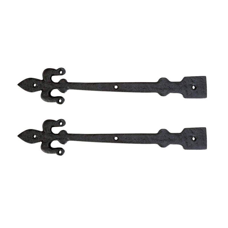 Renovators Supply Manufacturing Black Wrought Iron Garage Door Decorative Hardware Fleur De Lis Design 12 in. Rust Resistant Dummy Strap Hinge with Mounting Hardware Pack of 2