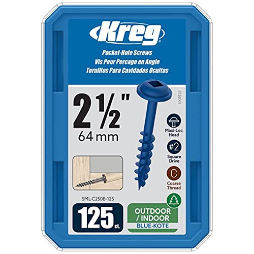 Kreg SML-C250B-125 Blue-Kote, Weather-Resistant Pocket Screws, 2-1/2" #8 Coarse-Thread, Washer-Head (125 Count)
