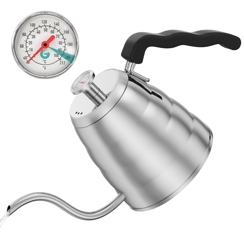 Coffee Gator Gooseneck Kettle with Thermometer - 40oz Premium Stainless Steel Pour Over Coffee Maker Kettles, Stove Top, w/Precision Drip Spout, for Drip Coffee, French Press, Tea Kettle, 5 Cup, 1.2L 40 fl oz