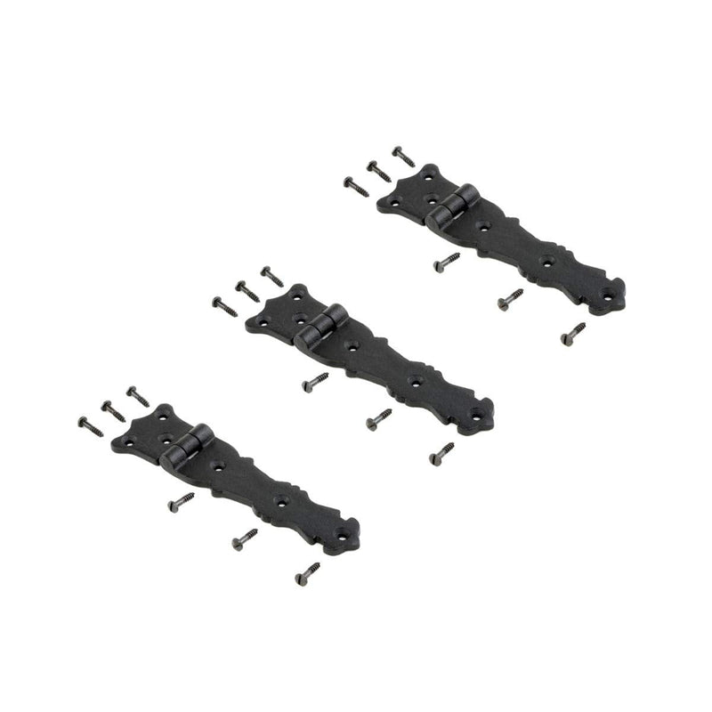 Renovators Supply Manufacturing Black Wrought Iron Shed Door Hinge 5.5 in Antique Fleur De Lis Style Decorative Flush Mount Cast Iron Barn Door Shed Hinge with Hardware Pack of 3
