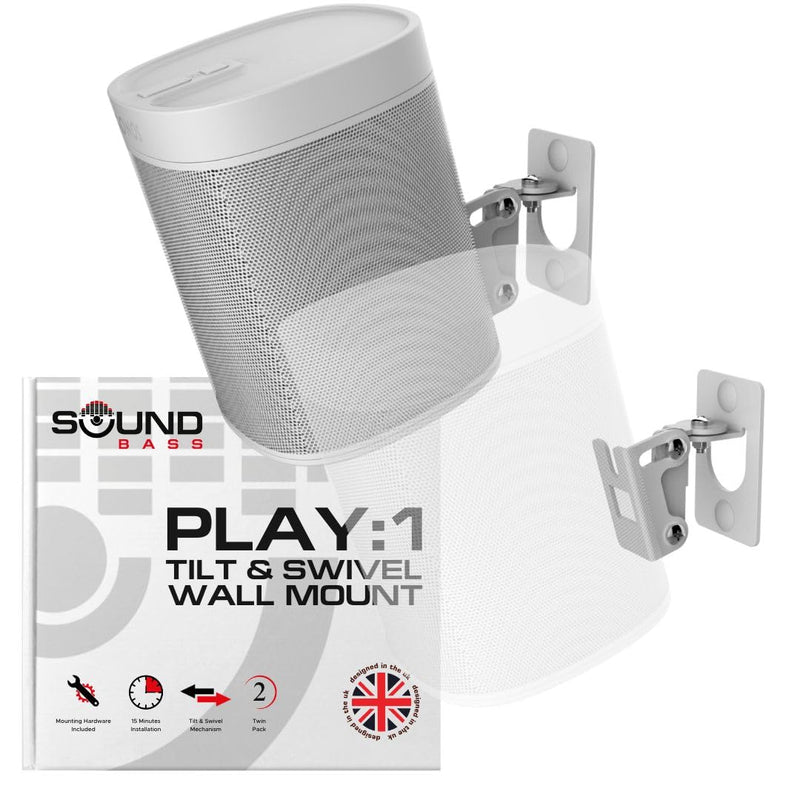 Sound Bass Play 1 Wall Mount, White, Pair, Compatible with Sonos Play:1 Only, Twin Pack, Adjustable Swivel & Tilt Mechanism, 2 Mounting Brackets Includes All Fixings