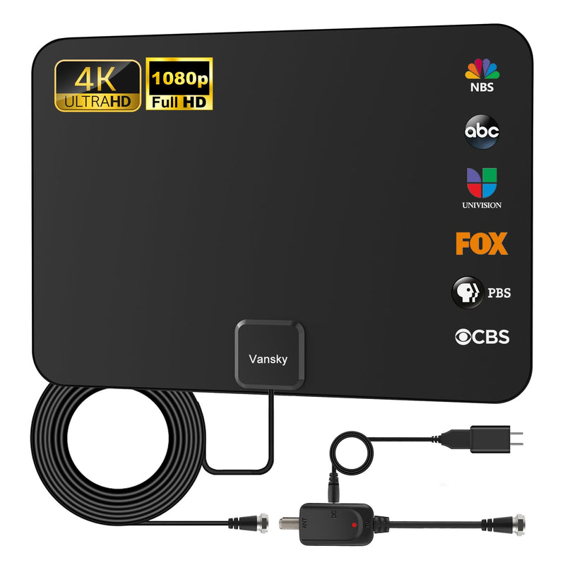 TV Antenna Indoor, Digital Amplified Indoor HDTV Antenna, 1080p VHF UHF Television Local Channels Detachable Signal Amplifier and 16.5ft Long Coax Cable Black