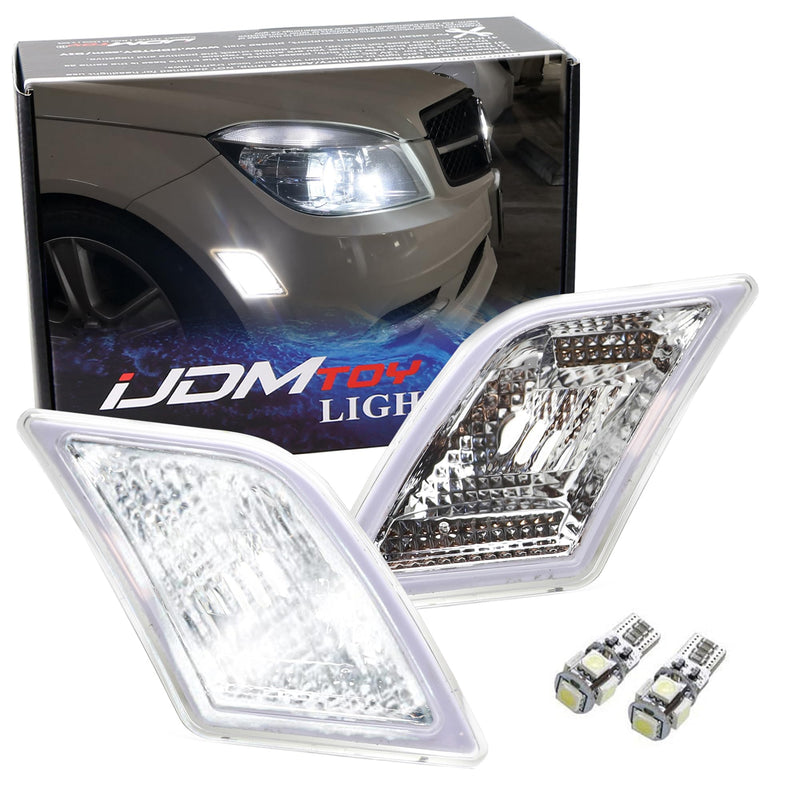 iJDMTOY Euro Clear Lens Front Side Marker Lights w/White LED Replacement Bulbs Compatible With 2008-11 Mercedes Pre-LCI W204 C250 C300 C350 & 2008-2013 C63 AMG, Replace OEM Amber Sidemarker Lamps Clear Lens White LED