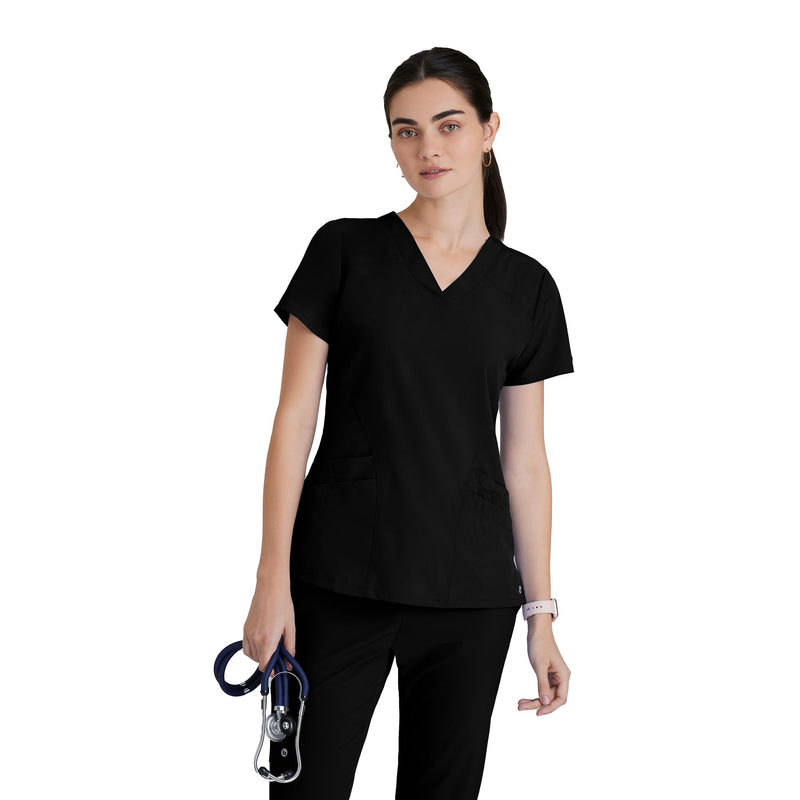 BARCO ONE Women's Pulse Scrub Top, Sporty V-Neck Medical Top w/ 4-Way Stretch & 5 Pockets Large Black