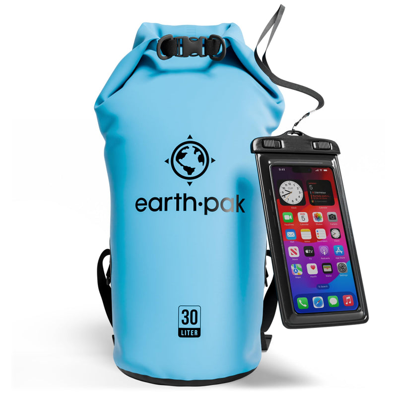 Earth Pak Waterproof Dry Bag - Roll Top Waterproof Backpack Sack Keeps Gear Dry for Kayak with Waterproof Phone Case 30L Light Blue
