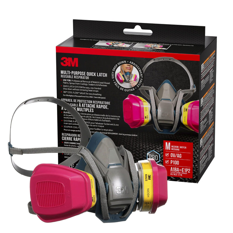 3M Multi-Purpose Quick Latch Reusable Respirator 65023QLH1-DC, OV/AG/P100, Mdm, 1-Fcpc, 1-pr of 60923 Crtrdg/Fltrs