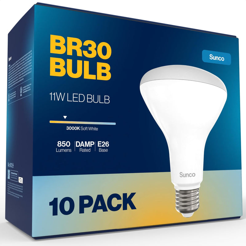 Sunco 10 Pack BR30 LED Bulbs Indoor Flood Lights 11W Equivalent 90W, 3000K Warm White, 850 Lumens, E26 Base, 25,000 Lifetime Hours, Interior Dimmable Recessed Can Light Bulbs - UL & Energy Star. 10 Count (Pack of 1) White 3k