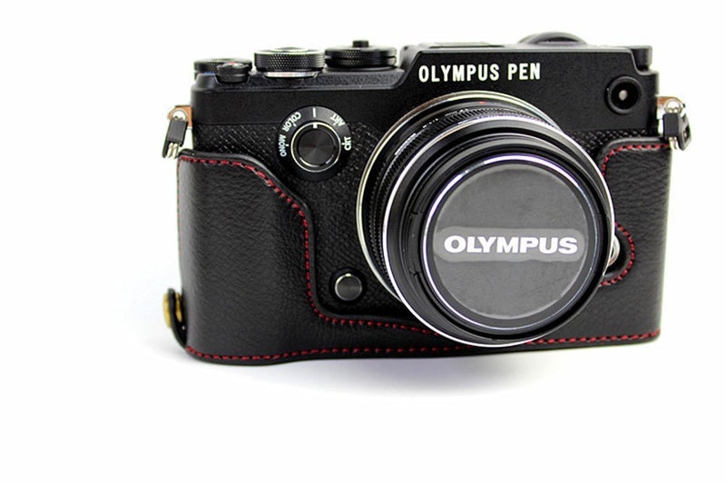 PEN-F Case, BolinUS Handmade Genuine Real Leather Half Camera Case Bag Cover for Olympus PEN-F Bottom Opening Version + Hand Strap - Black