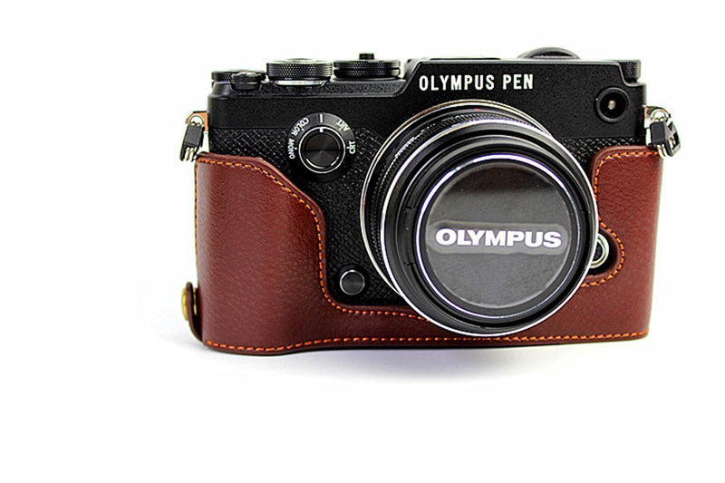 PEN-F Case, BolinUS Handmade Genuine Real Leather Half Camera Case Bag Cover for Olympus PEN-F Bottom Opening Version + Hand Strap - Coffee Natural