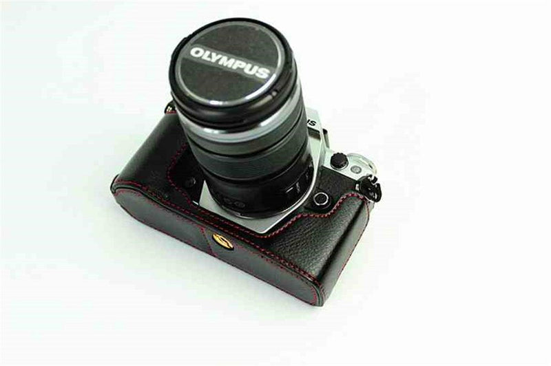 E-M5 Mark II Case, BolinUS Handmade Genuine Real Leather Half Camera Case Bag Cover for Olympus OM-D E-M5 Mark II Bottom Opening Version with a Free Genuine Real Leather Hand Strap - Black