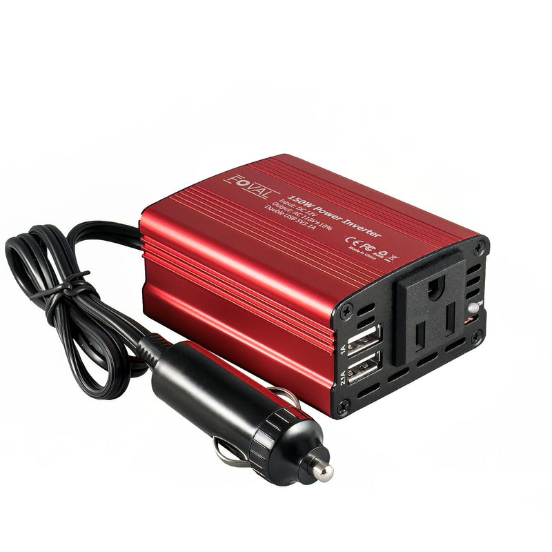 FOVAL 150W Car Power Inverter 12V DC to 110V AC Converter Vehicle Adapter Plug Outlet with 3.1A Dual USB Car Charger for Laptop Computer (Classic Red) Classic Red