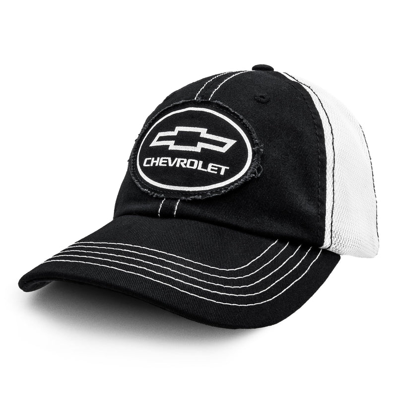 Tee Luv Chevy Bow Tie Logo Patch Hat | Vintage Trucker Style Hat | Licensed Chevrolet Design,Black, White