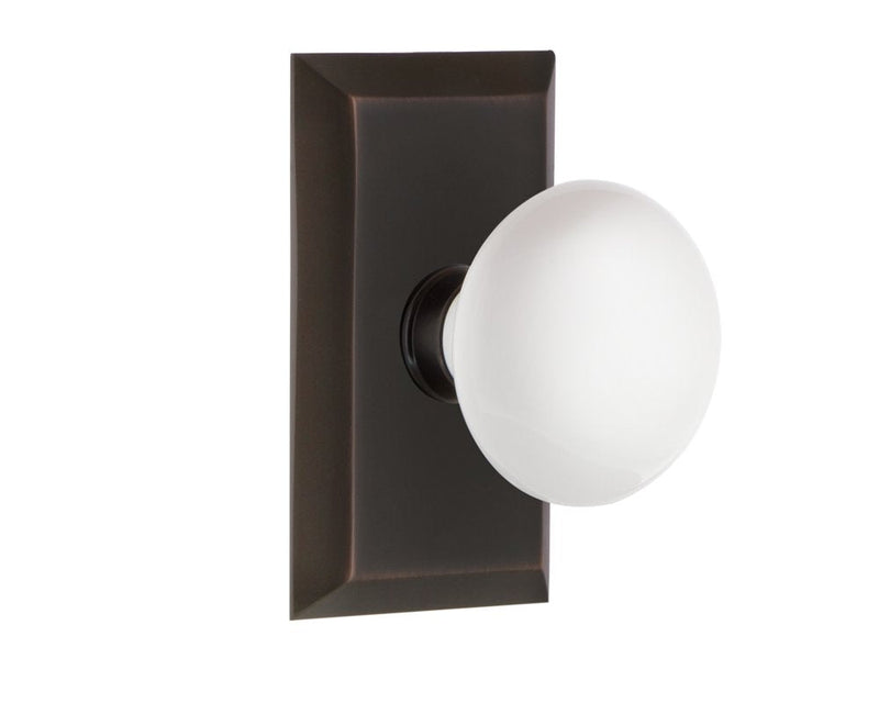 Nostalgic Warehouse Studio Plate & White Porcelain Door Knob Privacy-2.75 in Timeless Bronze