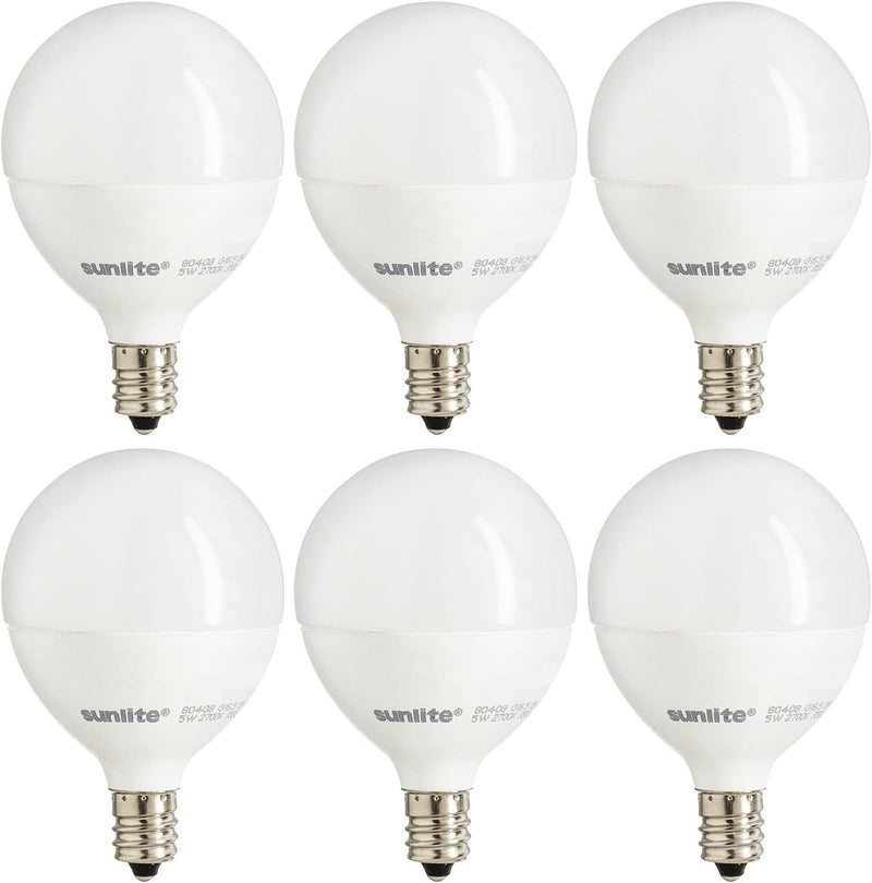 Sunlite G16.5 Light Bulb LED, 7 Watts (60W Equiv.), 500 Lumens, Dimmable, Type G Globe Shape E12 Candelabra Base, Short Bulbs, Vanity Mirror Bulbs, Energy Star, 2700K Soft White, Frosted, 6 Count Frost
