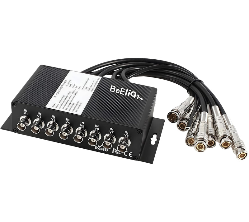 8-Channel BNC Surge Protector Arrester - Upgraded Aluminum Body & Nickel-Plated Copper, for CCTV DVR Surveillance Systems, 28cm Cables, Black