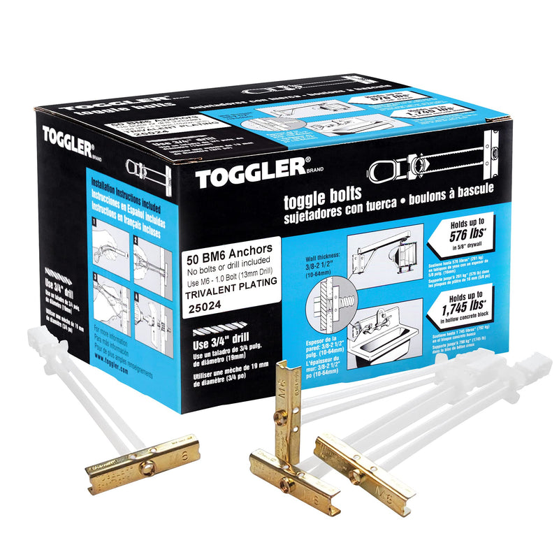TOGGLER SNAPTOGGLE BM6 Toggle Anchor, Zync Alloy, Made in US, 3/8" to 3-5/8” Grip Range, For M6 (6mm) Fastener Size (Pack of 50)