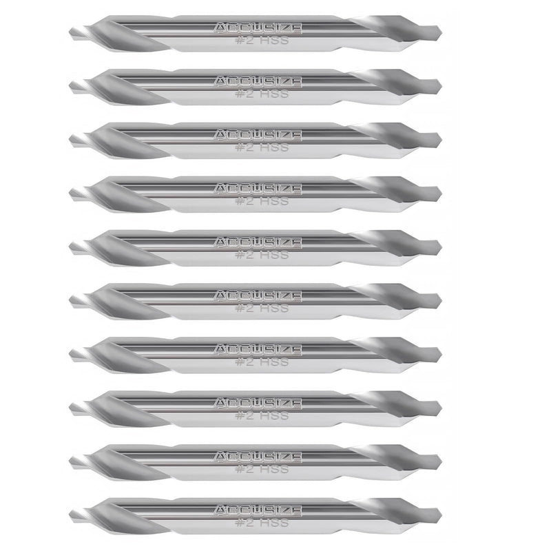Accusize #2 HSS Center Drill, 0530-0200x10 | No.2, 3/16" x 5/64" x 1-7/8", 10 Pcs Pack, H.S.S. Center Drill Bits NO.2, 3/16" x 5/64" x 1-7/8", 10 pc
