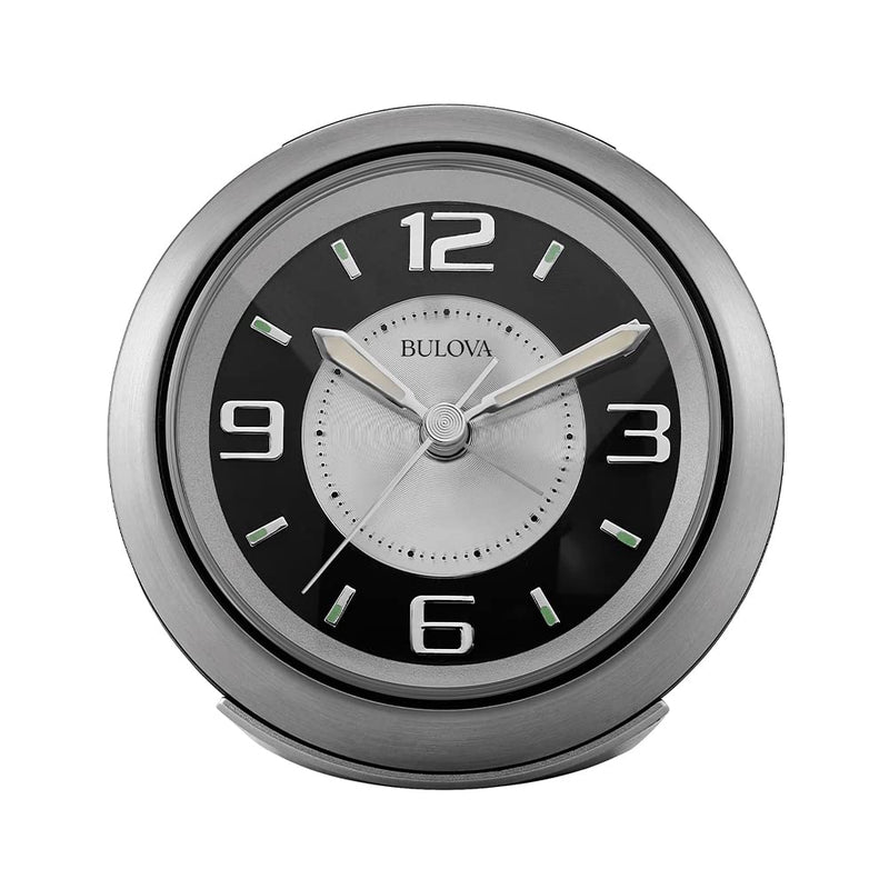 Bulova - 3.75" W x 3.75" H B5027 Lite Night Alarm Clock | Brushed Silver-Tone Case | Illuminated Dial | Luminous Hands | Quiet Sweep | Snooze Function
