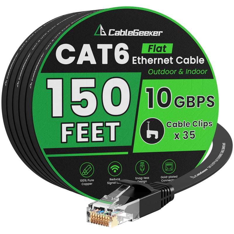 Cat 6 Ethernet Cable 150 ft, Indoor&Outdoor, High Speed 10Gbps Internet Network, Pure Copper Flat Ethernet Patch Cable Long, Computer LAN Cable with Clips & Straps for Router, Modem, PS4/5, Black Black-Flat-Copper 150ft