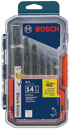 BOSCH BL14 14-Piece Assorted Set Three-Flat Shank Black Oxide Drill Bits for Applications in Light-Gauge Metal, Wood, Plastic 14pc