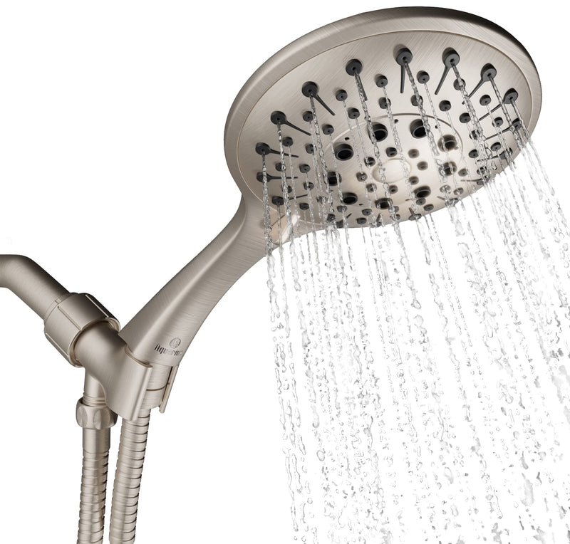 Aquarius Handheld Brushed Nickel Shower Head With Hose (Extra Long) Luxury Spa Grade High Pressure Hand Held Showerhead With 6 Spray Settings - Adjustable Brass Ball Holder & Teflon Tape Standard 2.5 GPM
