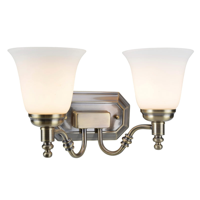 Aspen Creative 62021-3, Two-Light Metal Bathroom Vanity Wall Light Fixture, 6" Wide, Transitional Design in Antique Brass with Frosted Glass Shade 2-LIGHT