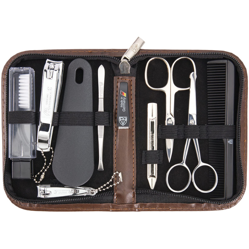 3 Swords Germany - brand quality 10 piece manicure pedicure grooming kit set for professional finger & toe nail care tweezers file clipper fashion leather case in gift box, Made by 3 Swords (01610) BROWN