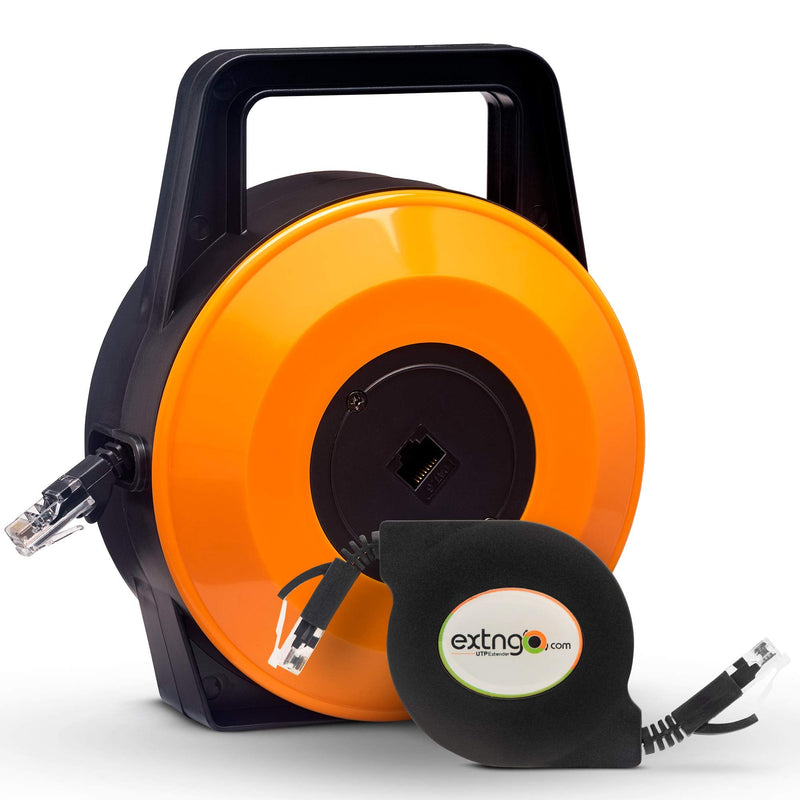 Retractable Network Cable Extender, 50 Feet CAT 6 Ethernet Cable Flat-Portable 1Gbps Data Speed-Swiftly Setup Temp Networks-Cascadable Male-Female RJ45 Connector-UTP Cable Reel Orange