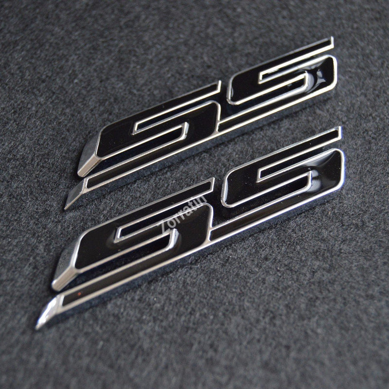 (Set of 2) Slant SS Grill Side Fender Trunk Emblem Badge Decal with Sticker for Chevrolet Chevy Camaro Impala Malibu Holden 2010 to 2025 [Black Letter with Chrome Trim] Black
