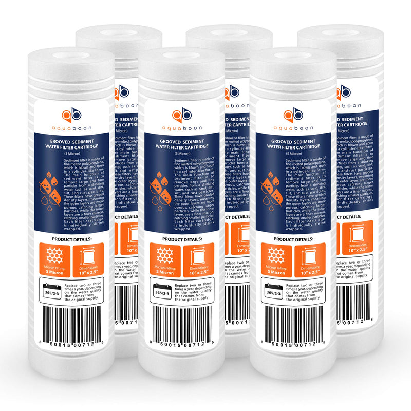 Aquaboon 5 Micron 10 x 2.5 Grooved Sediment Water Filter Replacement for Whole House Filter Cartridge Compatible with AP110, WHKF-GD05, CFS110, 6-Pack
