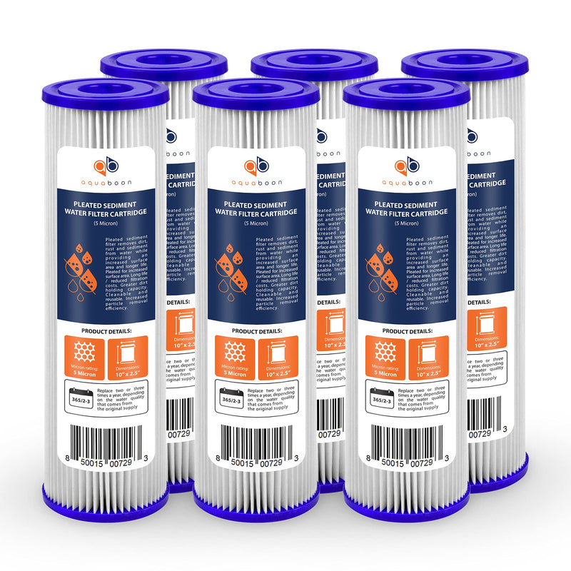 Aquaboon 5 Micron 10x2.5 Whole House Pleated Sediment Filter Cartridge for Well Water Filter Replacement Compatible with WFPFC3002, WHKF-WHPL, 6-Pack