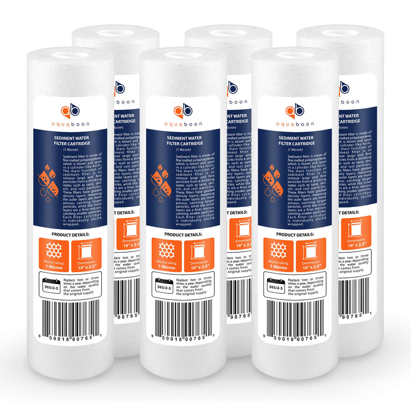 Aquaboon 1 Micron Whole House Sediment Filter 10 x 2.5 for RO & Well Water Filters Replacement Cartridges Compatible with AP110, WHKF-GD05, 6 Pack 6-PACK