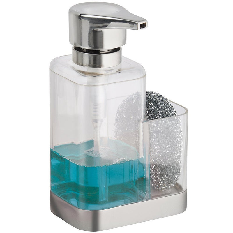 mDesign Modern Plastic Kitchen Sink Countertop Liquid Hand Soap Dispenser Pump Bottle Caddy with Storage Compartment - Holds and Stores Sponges, Scrubbers and Brushes - Clear/Brushed