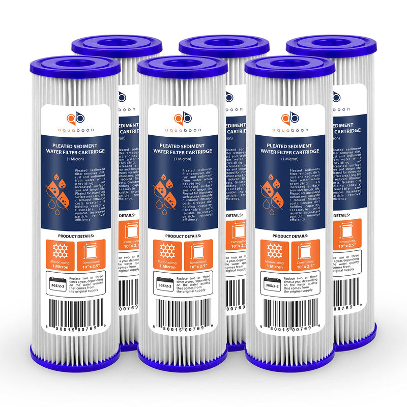 Aquaboon 1 Micron Pleated Water Filter 10 x 2.5 - Whole House Sediment Filter Replacement Cartridge Compatible with WFPFC3002, WHKF-WHPL, 6-Pack