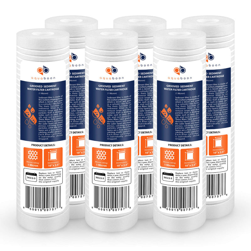 Aquaboon Whole House 1 Micron 10 x 2.5 PP Grooved Sediment Water Filter Cartridge Replacement Compatible with AP110, WHKF-GD05, CFS110, P5, 6-Pack