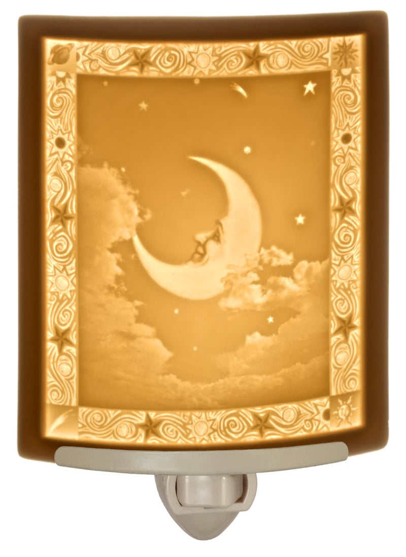 The Porcelain Garden Man in The Moon - Translucent Porcelain Lithophane Night Light, Wall Plug in for Kitchen, Bath, Hall