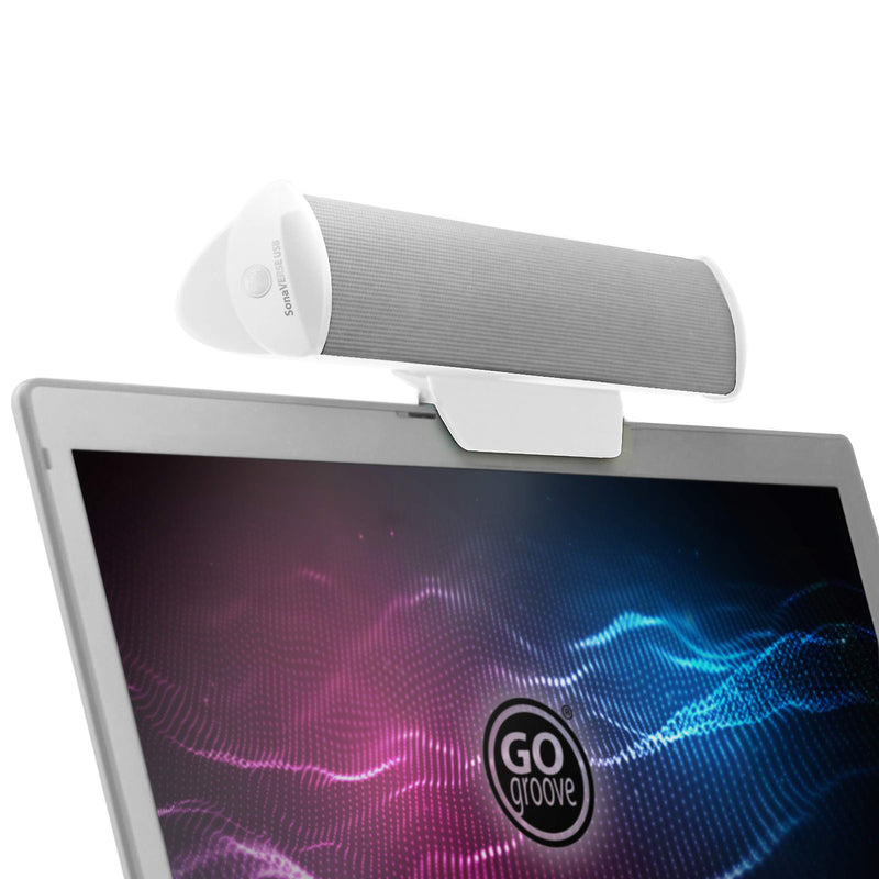 GOgroove SonaVERSE USB Speakers for Laptop Computer - USB Powered Mini Sound Bar with Clip-On Portable External Speaker Design for Monitor, One Cable for Digital Audio Input and Power (White) White