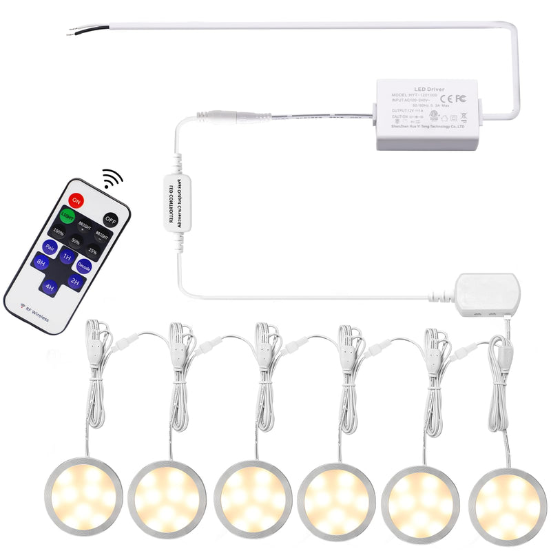 AIBOO Linkable Under Cabinet LED Lighting Direct Wired 12V Slim Aluminum Dimmable Puck Lights with RF Remote Control for Kitchen Cabinets Counter, Closet Lights(6 Kit, Warm White, NO Wall Plug) 2700K Warm White