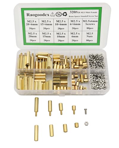320Pcs M2.5 Male Female Brass Spacer Standoff Screw 6mm 10mm 15mm 20mm Nut Assortment Kit Brass M2.5