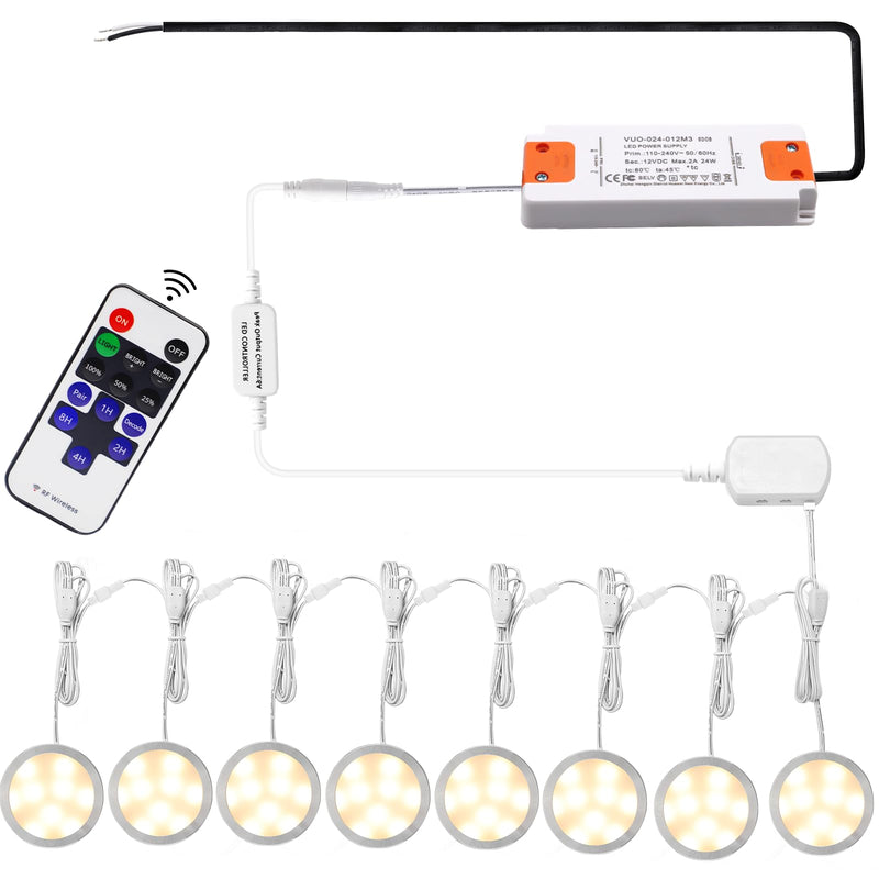AIBOO Linkable Under Cabinet LED Lighting 12V Dimmable Puck Lights Hardwired with Wireless RF Remote Control for Kitchen Mood Lighting(8 Lights, Warm White, NO Wall Plug) 2700K Warm White