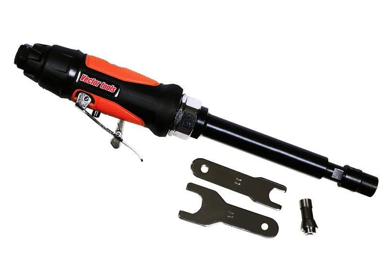 Vector Tools 5" Pneumatic Power Die Grinder, 25000 RPM, 90psi, 1/4" Inlet, Includes 1/8" & 1/4" Collets, Ergonomic Handle, Black, Orange