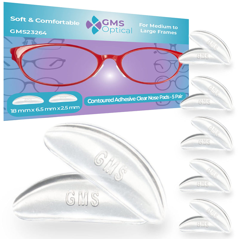 GMS Optical® 2.5 Thick / 18mm Long Length - Anti-Slip Adhesive Contoured Soft Silicone Eyeglass Nose Pads with Super Sticky Backing for Glasses, Sunglasses, and Eye Wear - 5 Pair (Clear) Clear