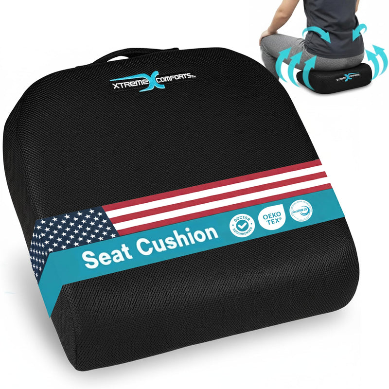 Xtreme Comforts Seat Cushions | Office Chair Cushions for Desk, Car, Wheelchair| Ergonomic Memory Foam Seat Cushion for Support & Comfort | Helps Improve Sitting Posture for Work & Body Relief (1 Pc) Classic Black